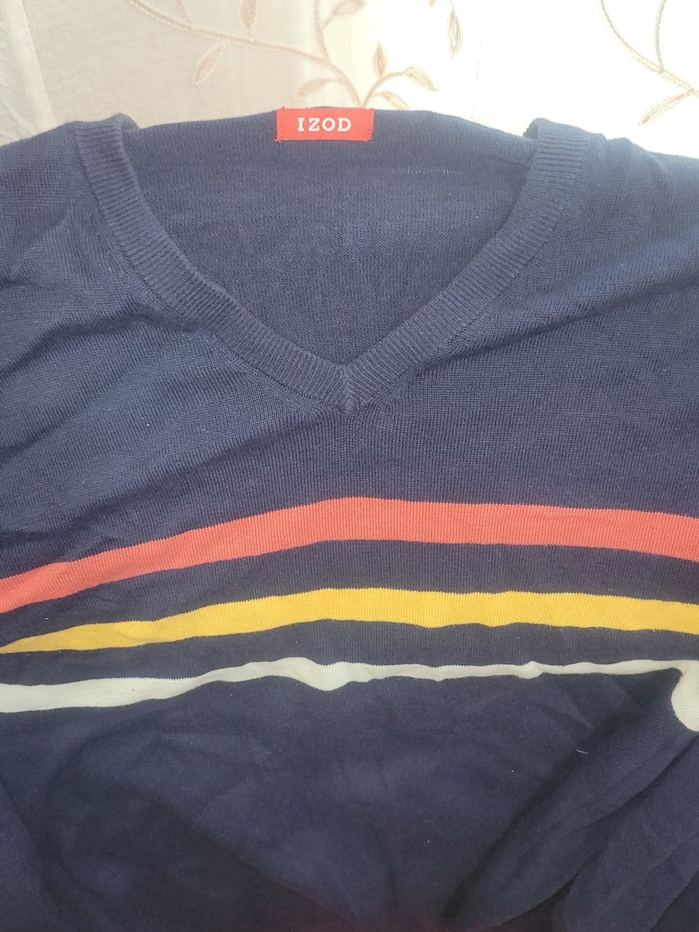 Izod Navy V-Neck Sweater with Red, Yellow and White Stripes